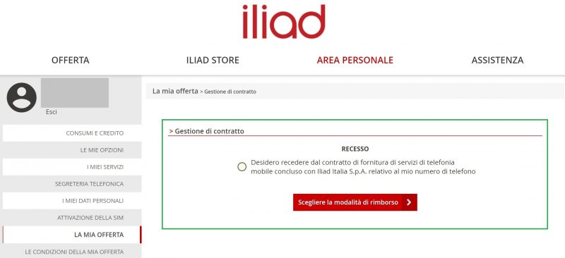 Iliad diritto di recesso via web