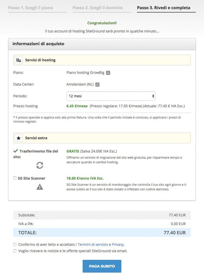 costi piani siteground miglior hosting wordpress