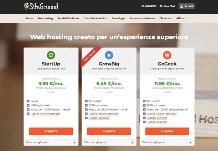 piani siteground miglior hosting wordpress