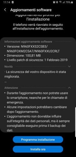 samsung galaxy note 9 aggiornamento