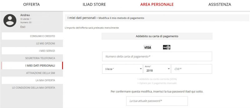 Come ricaricare Iliad online carta di credito